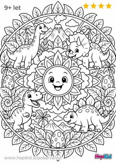 Kawaii pobarvanka: Dinozavri pod mandala soncem za otroke od 9–12 let