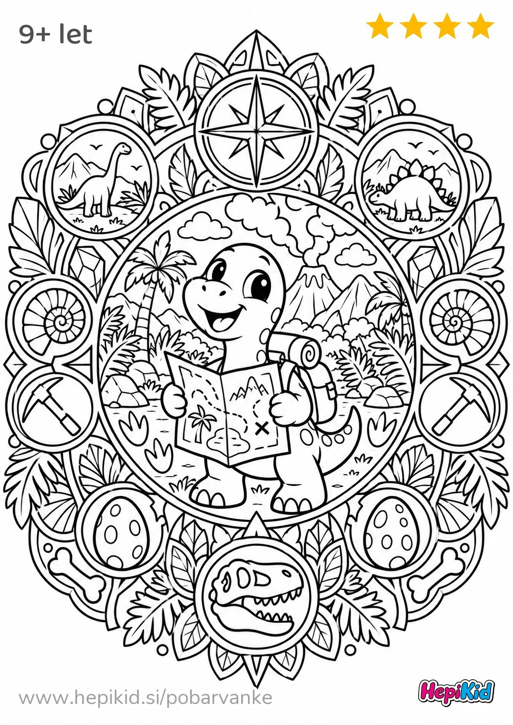 Kawaii pobarvanka: Mandala dinozavrske pustolovščine za otroke od 9–12 let