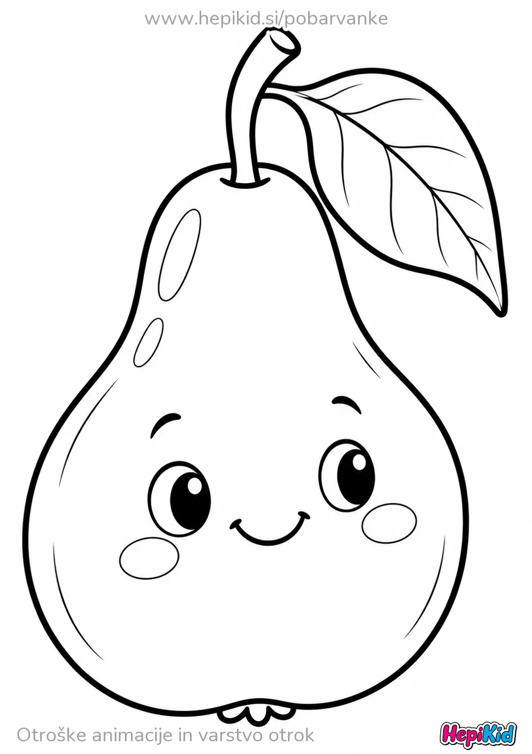 Nasmejana hruška z velikim listom ima drobne pikice po lupini.