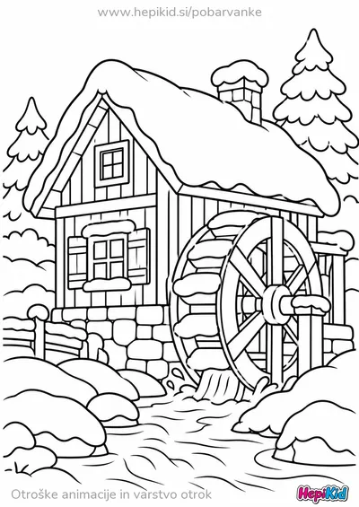 Vodni mlin z velikim kolesom stoji ob potoku pod debelo snežno streho.