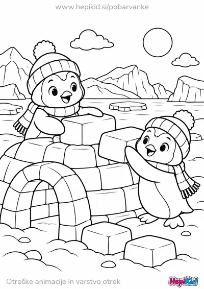 Dva pingvina skupaj gradita iglu.