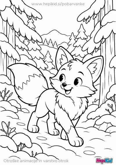 Košata lisica hodi po snegu med zasneženimi iglavci.
